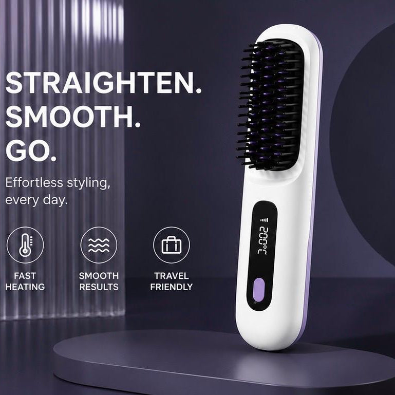 A white and purple heated hair straightener brush with a digital temperature display, standing on a dark gray pedestal. The background is dark gray with promotional text reading 'STRAIGHTEN.