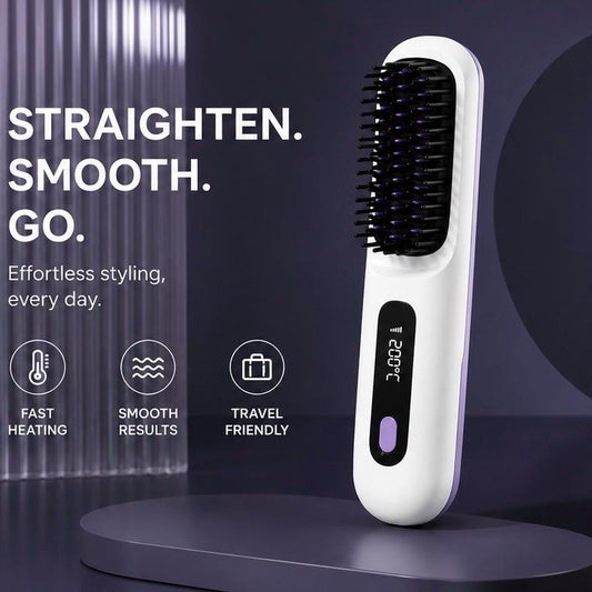 A white and purple heated hair straightener brush with a digital temperature display, standing on a dark gray pedestal. The background is dark gray with promotional text reading 'STRAIGHTEN.